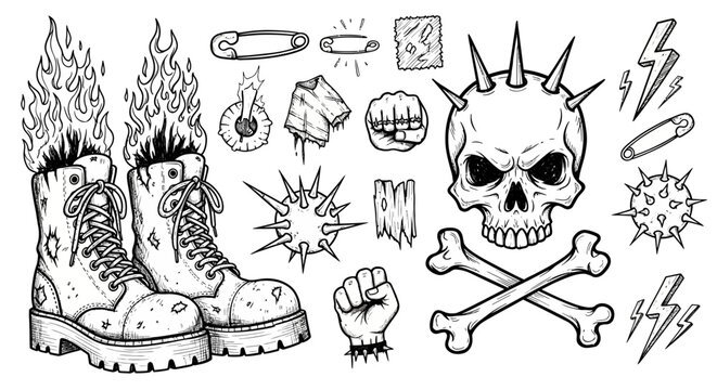 Punk rock symbols and boots illustration.