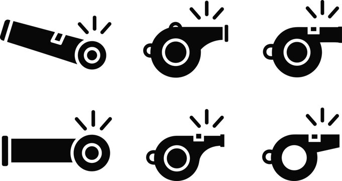 Whistle solid icon set with sports referee coach blowing sound signal alert security training symbols graphic vector