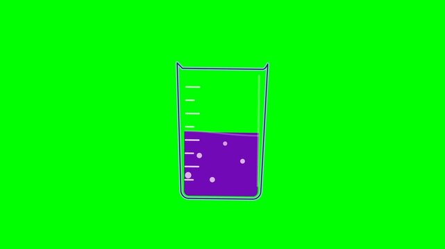 Animated laboratory beaker with purple liquid bubbling inside on a vibrant green screen background for scientific research motion video clip