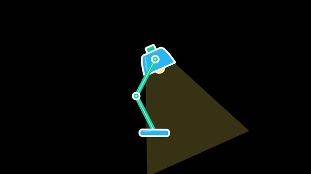Blue desk lamp animation projecting a bright cone of yellow light across the dark workspace in this digital motion video