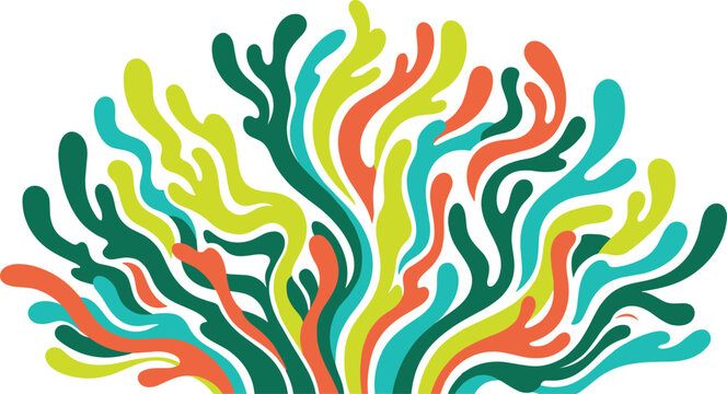 Abstract Coral Reef Vector Illustration with Colorful Wavy Seaweed and Underwater Plant Shapes in Green, Orange, and Teal Tones