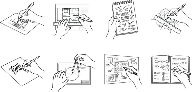 Graphic design and technical drafting workflow vector set, minimalist monoline hands sketching typography, architectural blueprint drawing, ideation icon pack