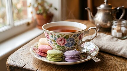 Fototapeta premium Elegant Tea Time: Floral Cup of Tea with Macarons and Vintage Teapot