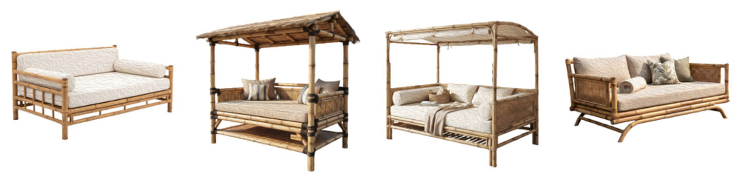 This collection of premium bamboo daybeds and canopy lounges in image_.png offers sophisticated seating solutions, perfect for tropical-inspired interiors and outdoor spaces.
