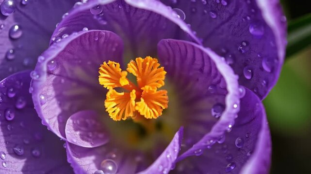 Purple crocus flower blooming with dew drops on petals close up. Spring blossom focus with orange stamen detail. Nature macro study of garden flora in morning.