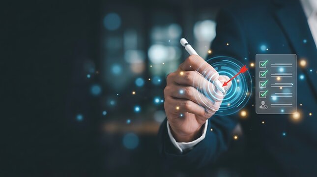 Businessman using stylus to interact with futuristic holographic checklist on digital screen showing goal achievement and progress.