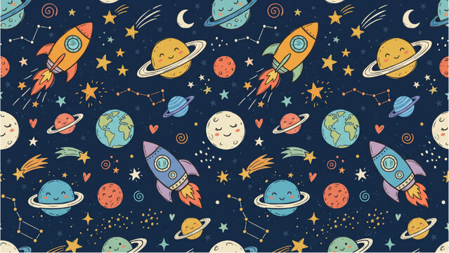 Cute Hand Drawn Doodle Space Elements Seamless Pattern with Stars and Rockets Vector