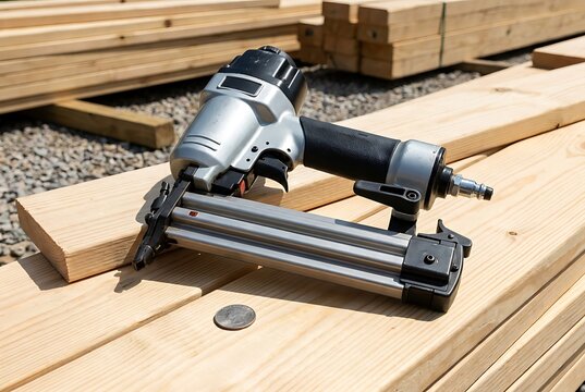 Pneumatic nail gun resting on wooden planks at construction site with metal coin for scale illustrating professional tool performance during building process for housing development job.