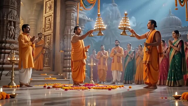 Lord Krishna Temple Darshan With Devotees and Divine Light for Janmashtami Festival Greeting Artwork