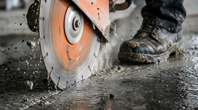 Close up of worker using circular concrete saw cutting wet ground water splashing from spinning diamond blade on construction site with debris.