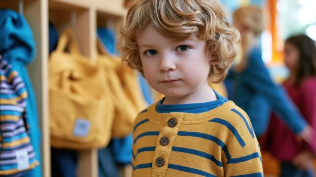 Young child standing alone by classroom cubbies with plain bags and jackets