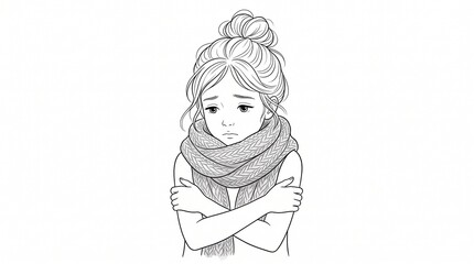 Obraz premium Minimalist line art illustration of a sick woman shivering, sad girl wearing a warm scarf feeling cold, hand drawn sketch of a person with flu symptoms isolated PNG with Transparent Background
