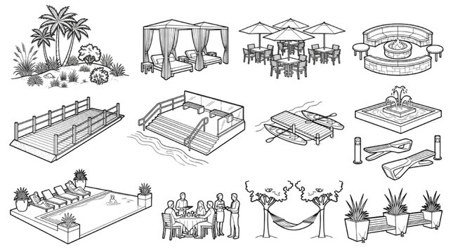 Resort Poolside Furniture Line Icons for Luxury Outdoor Living Design