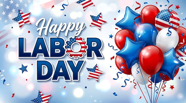 Happy american labor day celebration with red white and blue balloons and stars