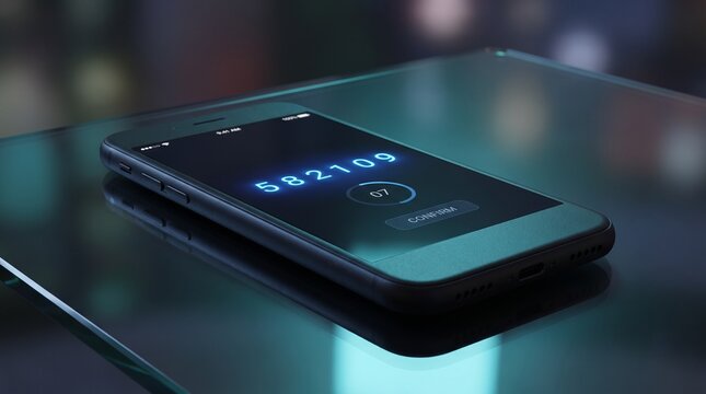 Smartphone displaying a digital verification code for two-factor authentication on a reflective surface for cybersecurity articles, fintech marketing, and digital privacy presentations.