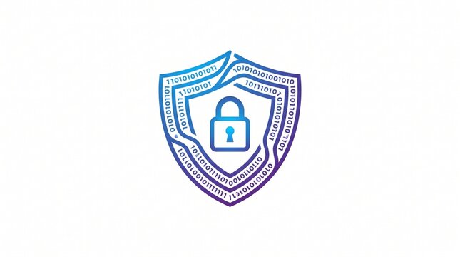 Digital security shield icon featuring a padlock and binary code pattern for cybersecurity branding, data protection applications, and network safety presentations.