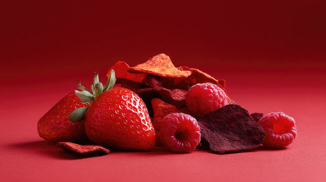 Creating a vibrant, healthy snack with fresh strawberries combined with crunchy freeze dried raspberries and crispy red fruit pieces for a delicious sweet experience