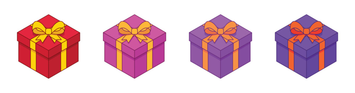 Four small colorful isometric gift boxes with ribbon bows holiday birthday present surprise vector illustration set bundle