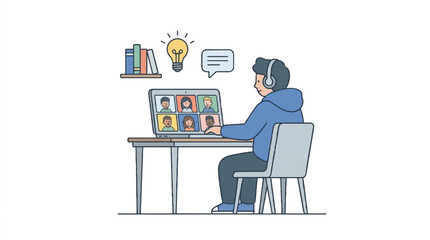 Fototapeta premium Person working at a desk during a video conference with multiple colleagues on screen, remote collaboration at home.