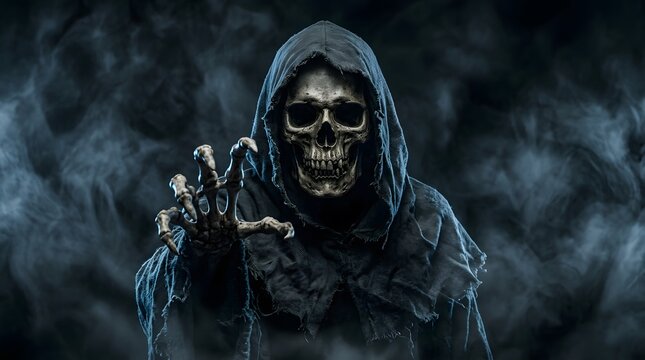 Grim reaper wearing a dark hooded cloak reaches out with skeletal fingers in a mysterious scene filled with blue smoke