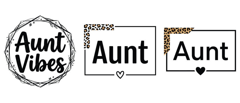 Aunt vibes and aunt text designs with leopard print frames and heart icons