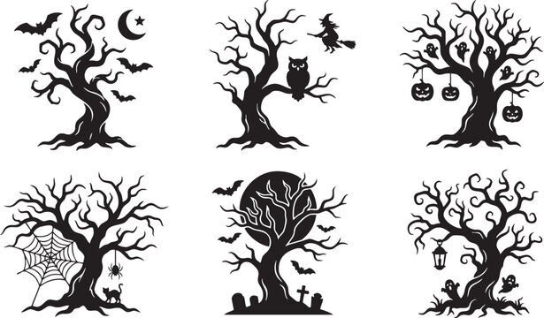 Halloween tree silhouettes with spooky elements for decoration