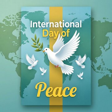 International day of peace poster with white dove holding olive branch on blue background with world map