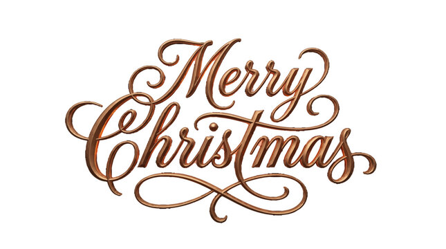Merry Christmas bronze lettering, elegant 3D metallic calligraphy for holiday greetings, festive copper typography design, seasonal celebration script art. isolated on a white background