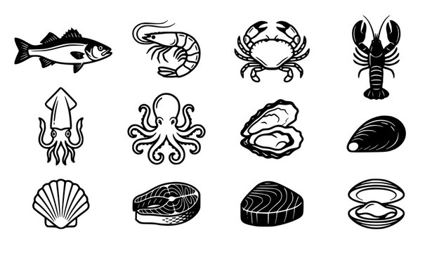 Seafood Icon Collection Featuring Fish Crab Lobster Squid Oyster Shell and Marine Food Vector Set