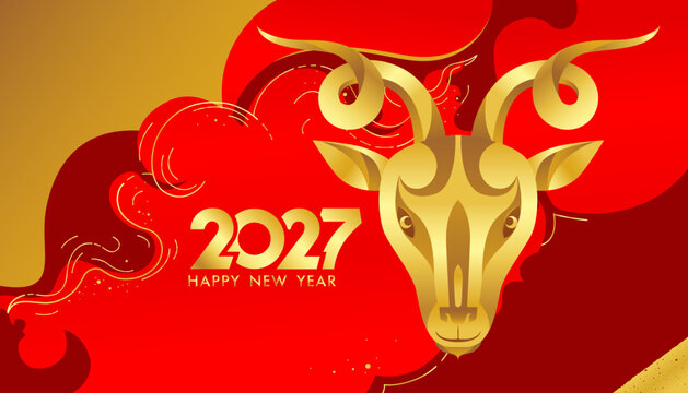 Chinese New Year 2027. Year of the golden goat celebration on elegant traditional art background. 