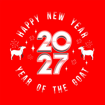 Chinese New Year 2027. Year of the goat celebration on red background. 