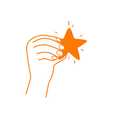 Vector hand drawn in minimal linear style with hand holding a star. Hand icon