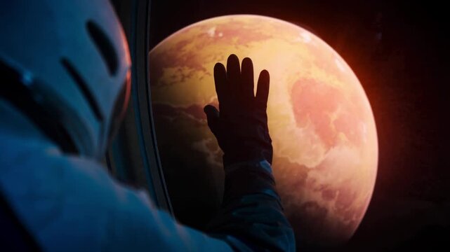 Astronaut in spacecraft leaves Mars behind while pressing hand to window glass. Emotional farewell to beloved red planet creates cinematic space travel scene.