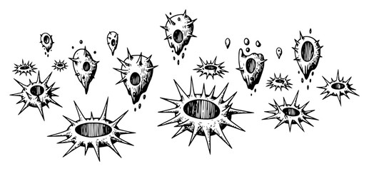 Microscopic spores with sharp spikes and craters in vintage engraving style © Wera