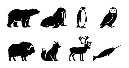 Arctic Animals Vector Silhouettes: Polar Bear, Walrus, Penguin, Owl, Musk Ox, Fox, Reindeer, Narwhal Icons © Akhi