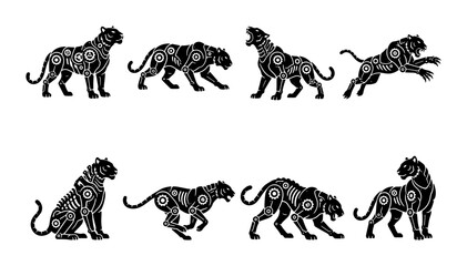 Black Panther Silhouettes Set, Wild Cat Poses, Tribal Pattern Vector Graphics © Akhi