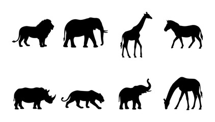 African Wildlife Silhouettes: Lion, Elephant, Giraffe, Zebra, Rhino, Leopard Vector Set © Akhi