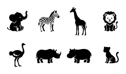 African Wildlife Silhouette Icons: Elephant, Zebra, Lion, Giraffe, Ostrich, Rhino, Hippo, Cub © Akhi