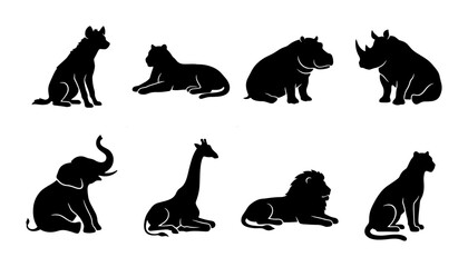 African Wildlife Silhouettes: Lion, Elephant, Giraffe, Hippo, Rhino, Big Cat Icons © Akhi