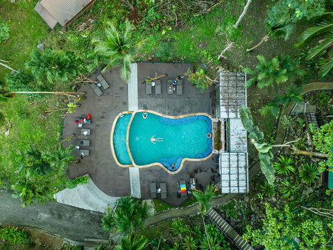 Aerial view of tropical pool resort in Koh Tao, Thailand