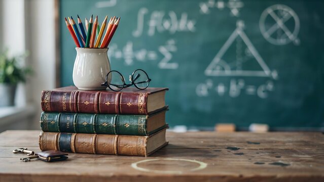 Vintage classroom setup with books and stationery on wooden desk