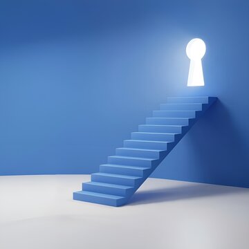 Blue stairs leading up to glowing white keyhole in wall  symbol of opportunity.