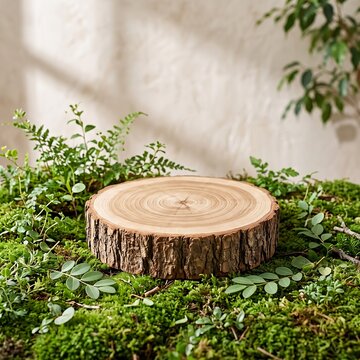 Tree stump on green moss with leaves and plants around it in natural setting.