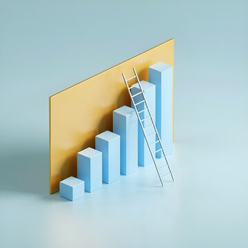 3D bar chart graph with ladder on yellow board and blue background.