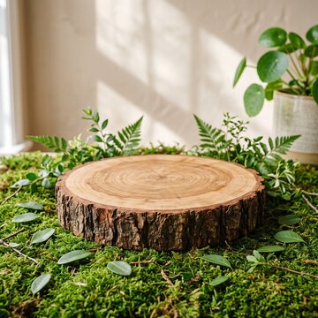 Moss covered floor with tree stump and green plants around interior.