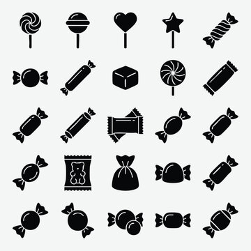 Assorted candy and sweet treats icon set with wrapped candy sweet shop bar food icon web element lollipop confectionery silhouette isolated chocolate celebration childhood
