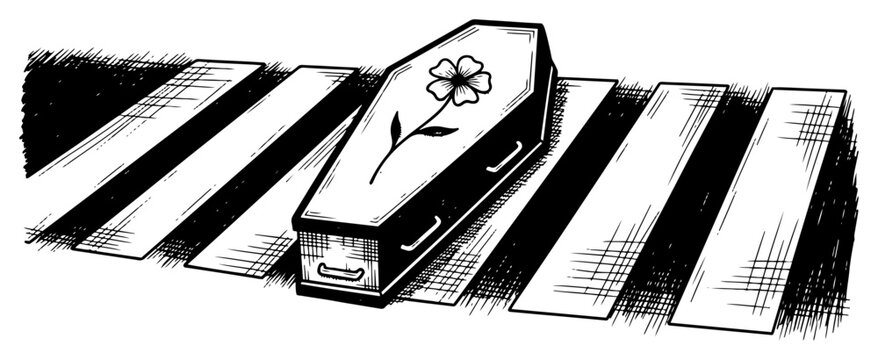Coffin with flower placed on pedestrian zebra crossing in vintage engraving style