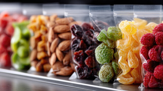 Assortment of freeze dried and dried snacks in clear zip lock bags displaying a variety of crunchy fruits. Healthy nuts. And sweet treats