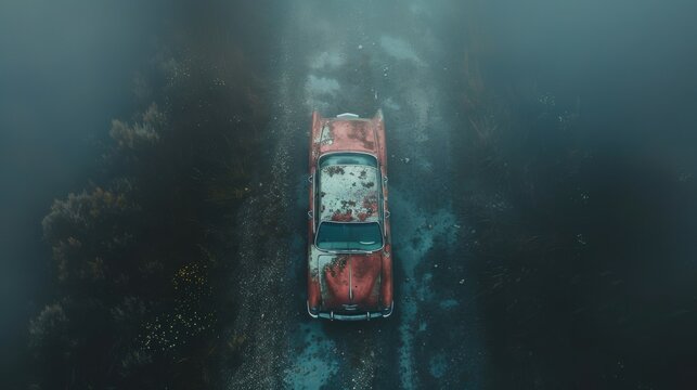 Drone shot of abandoned classic car in morning fog Canon EOS R5 35mm f18