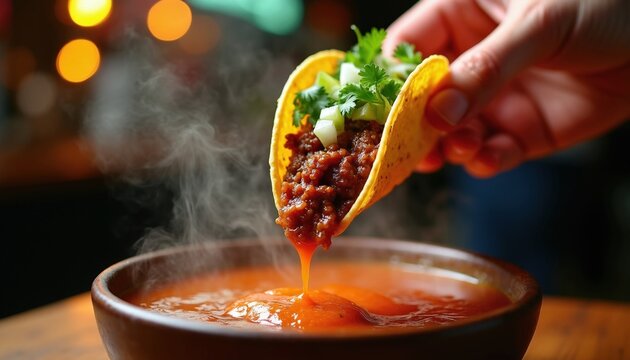 Hand dips birria taco into hot consome broth bowl. Juicy meat filling with cilantro and onion drips into red soup. Steam rises from warm dish.